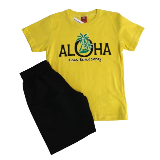 Conjunto Infantil Tamanho 4 Verão Menino Camiseta Amarela Bermuda Preta Tactel