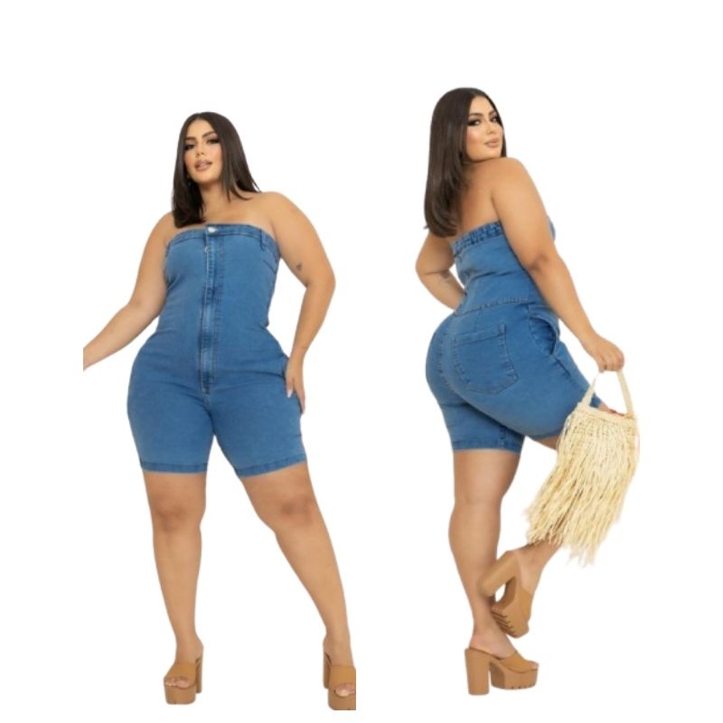 Macacão Tomaraquecaia Jeans Feminino Short Plus Size Elegante