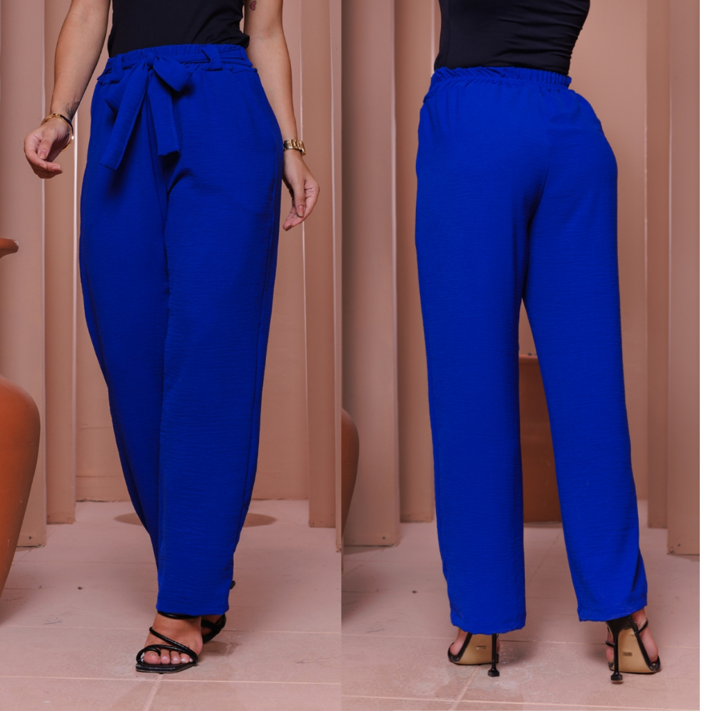 Calça Feminina Pantalona Duna Elastico na Cintura Alta com Bolso e Cinto P ao Extra