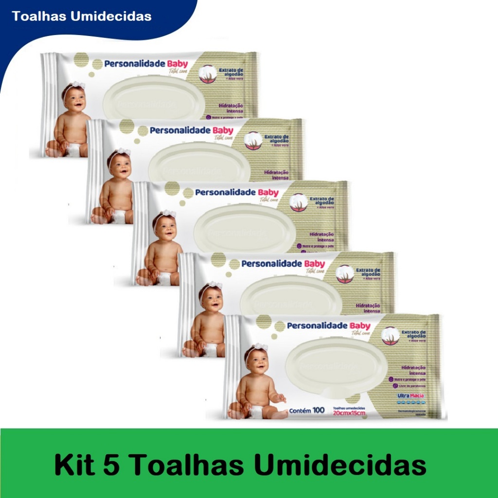 Kit 5ptes Personalidade Baby 100 Toalhas Umedecidas Cada - Total 500un em Oferta na Shopee
