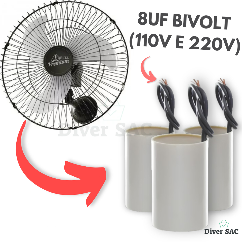 Kit 3 Capacitores 8UF 250V 2 Fios Voltagem 110v e 220v Ventilador de Parede Arge, Loren Sid, VentiDelta, Ventisol