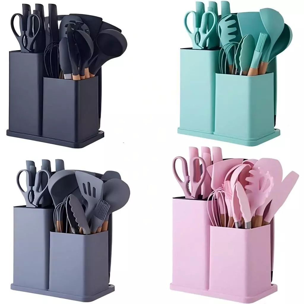 Kit 19 Peças Jogo de Utensílios Para Cozinha em Silicone Com Cabo de Madeira Completo