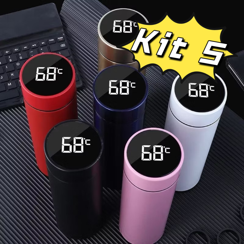 Kit 2-5 Garrafa Térmica Inteligente Em Aço Inox Com Termômetro Digital 500ml Led Café Água Quente Gelado