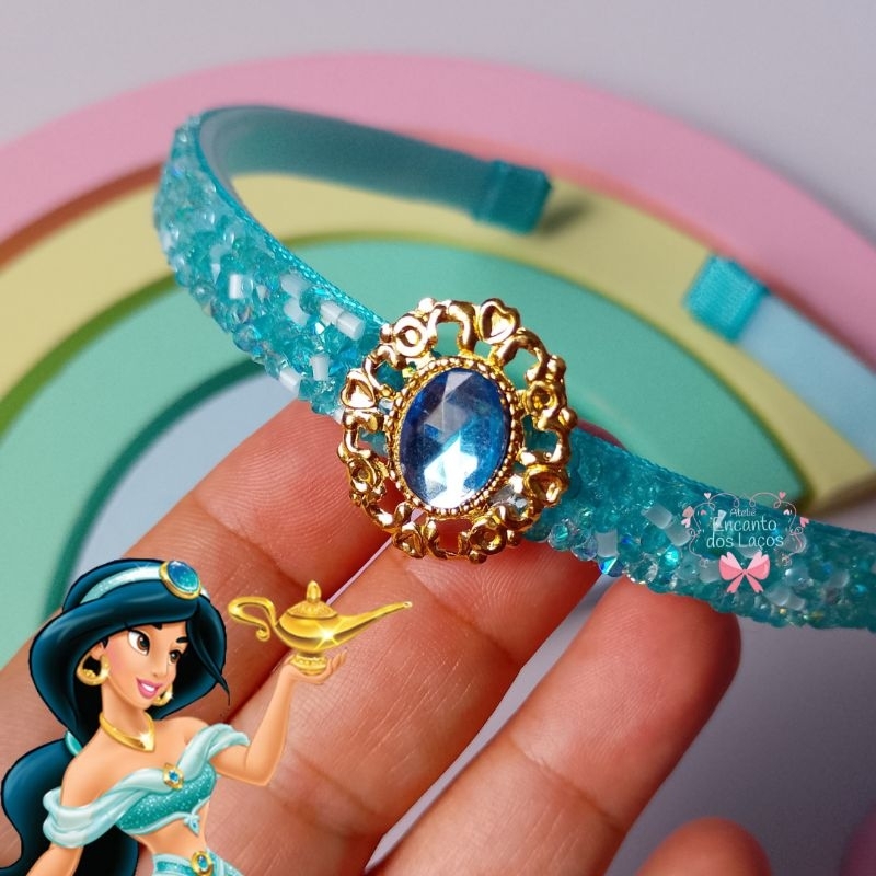 Tiara Princesa Jasmine Infantil Luxo Arquinho De Cabelo Menina Strass Azul Tiffany Coroa Fantasia Festa Aniversário