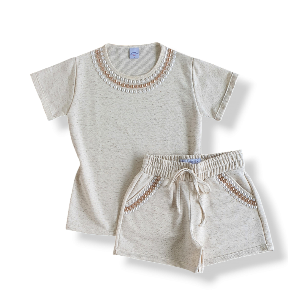 Conjunto Bordado Blusinha Shorts Moletom Linho Botonê Moda Feminina Verão Bordado Pérola Confortável