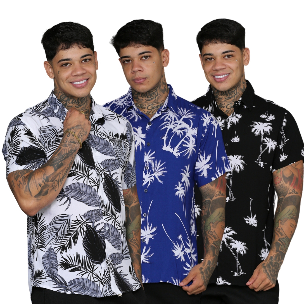 Kit 3 Camisa Social Floral Florida Masculina Havaiana Estampadas