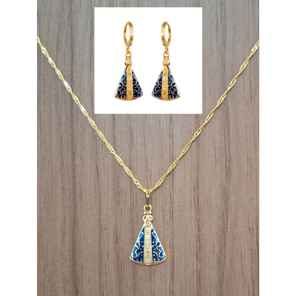 Conjunto Colar Brinco Manto Sagrado Nossa Senhora Aparecida Folheado Ouro 18k