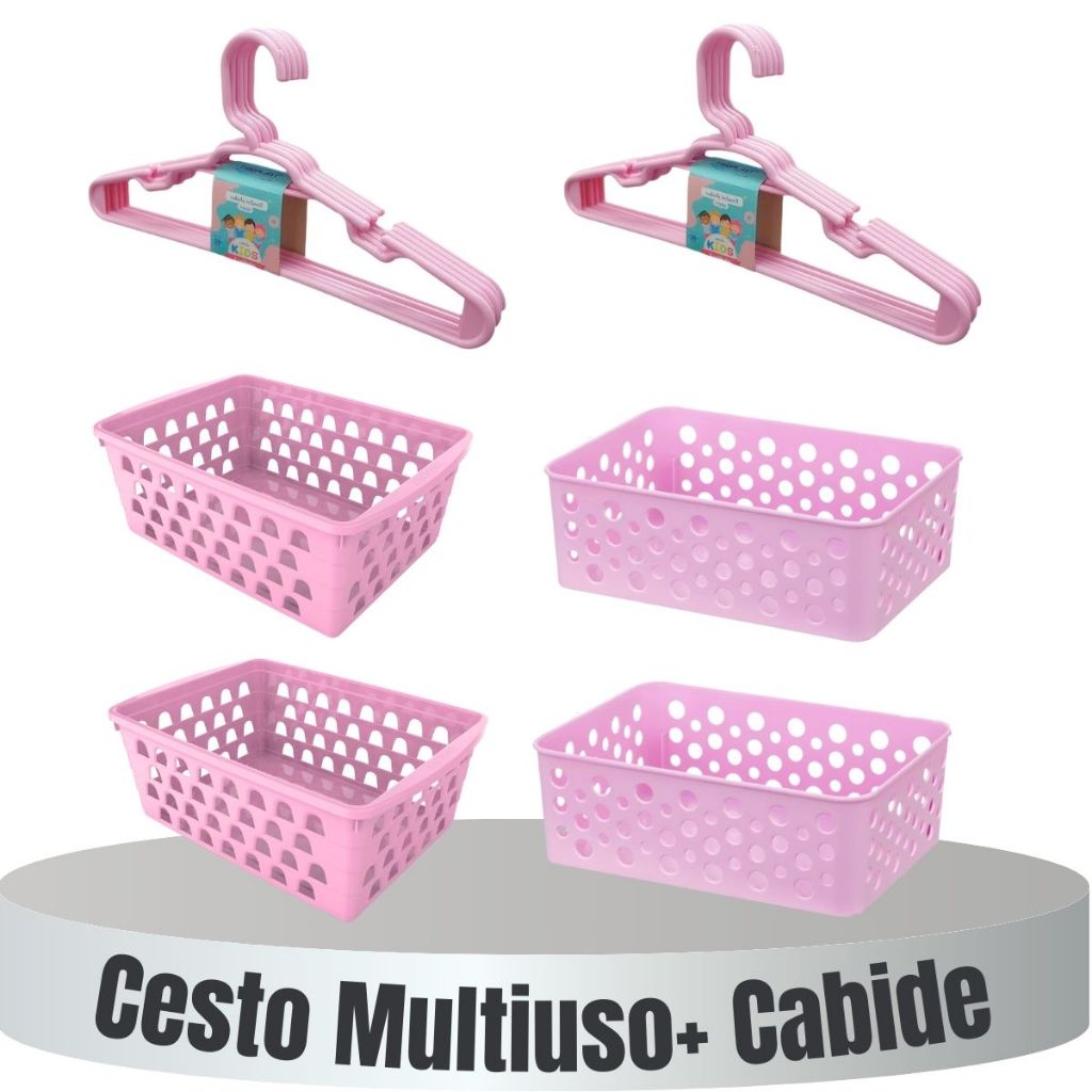 Kit Cesto Organizador Multiuso Empilhável e Cabide Infantil Rosa Para Gaveta Armarios Lavanderia