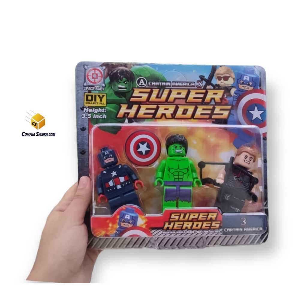 Brinquedo kit cartela com 3 boneco lego 8 cm heróis vingadores/ liga da justiça com acessórios