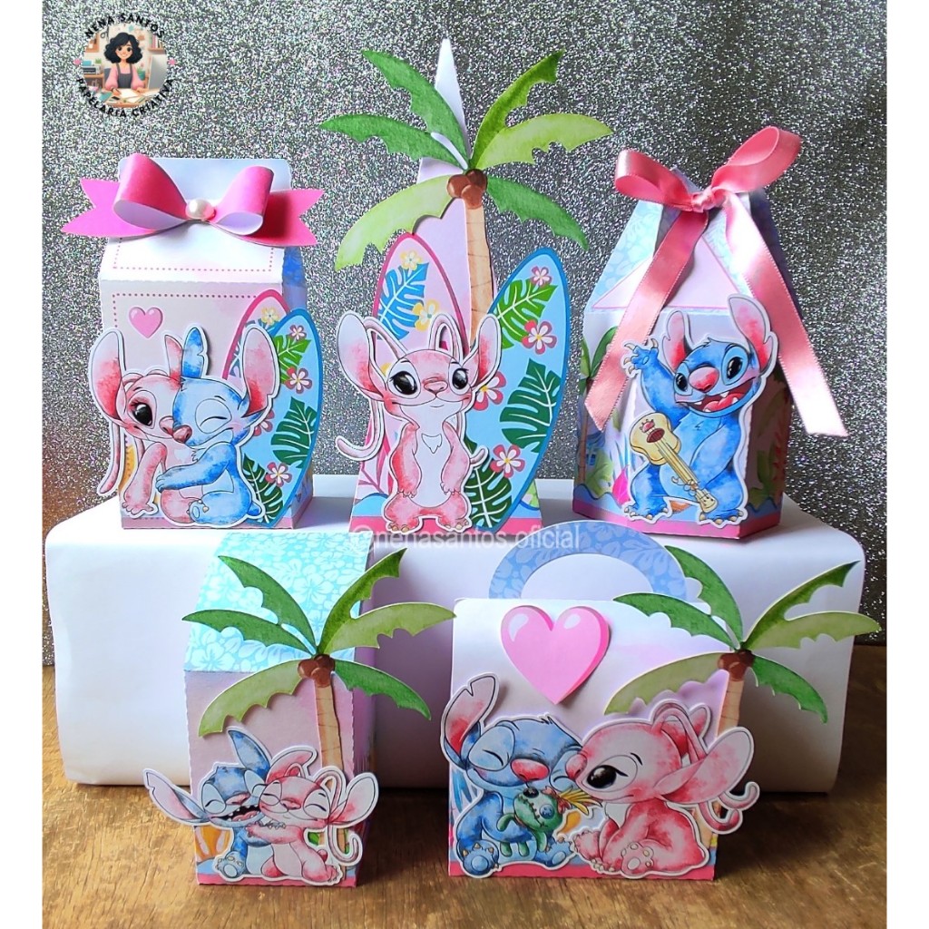 Kit Caixinhas STITCH E ANGEL Personalizadas(PEGUE E MONTE)Lembrancinhas Personalizada Stitch e Angel