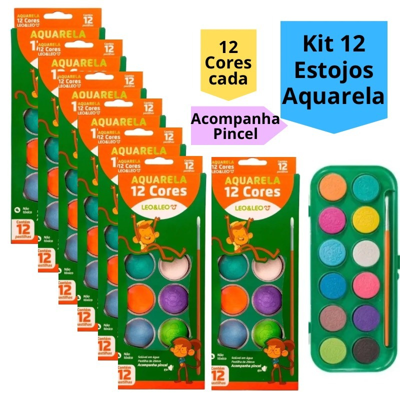 Kit 12 Estojo Aquarela Para Personalizar 12 Cores Tinta e Pincel Lembrancinha Festa Infantil Escolar Leo&Leo