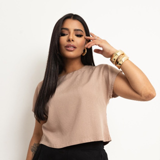 Blusa Curta de Tecido Plano Cropped Elegante em Oferta na Shopee