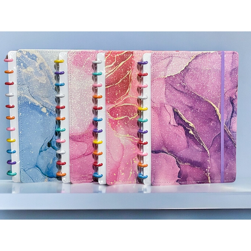 Caderno de Disco A4 e B5 Grande Capa Dura Mármore G Pautado Universitário 11 Discos 80 Folhas Volta as Aulas