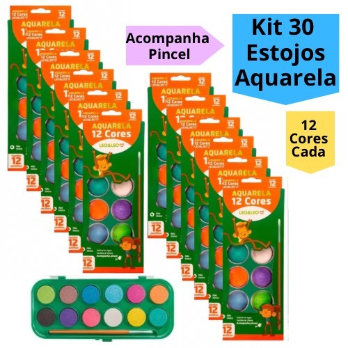Kit 30 Estojo Aquarela Para Personalizar 12 Cores Tinta e Pincel Para Festa Lembrancinha Infantil Escolar Leo&Leo