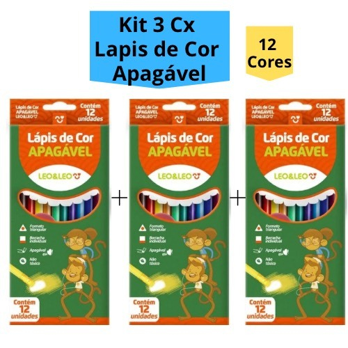Kit 3 Caixas Lápis de Cor Apagável 12 Cores Triangular Com Borracha Escolar Infantil Leo&Leo em Oferta na Shopee