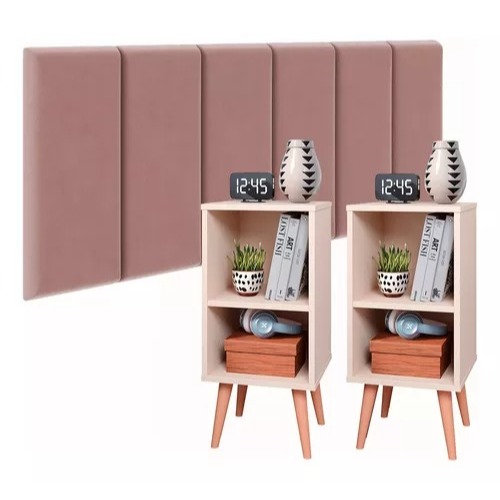 Conjunto 2 Mesa De Cabeceira OFF WHITE E Cabeceira Estofada Cama ROSA Casal Kit quarto