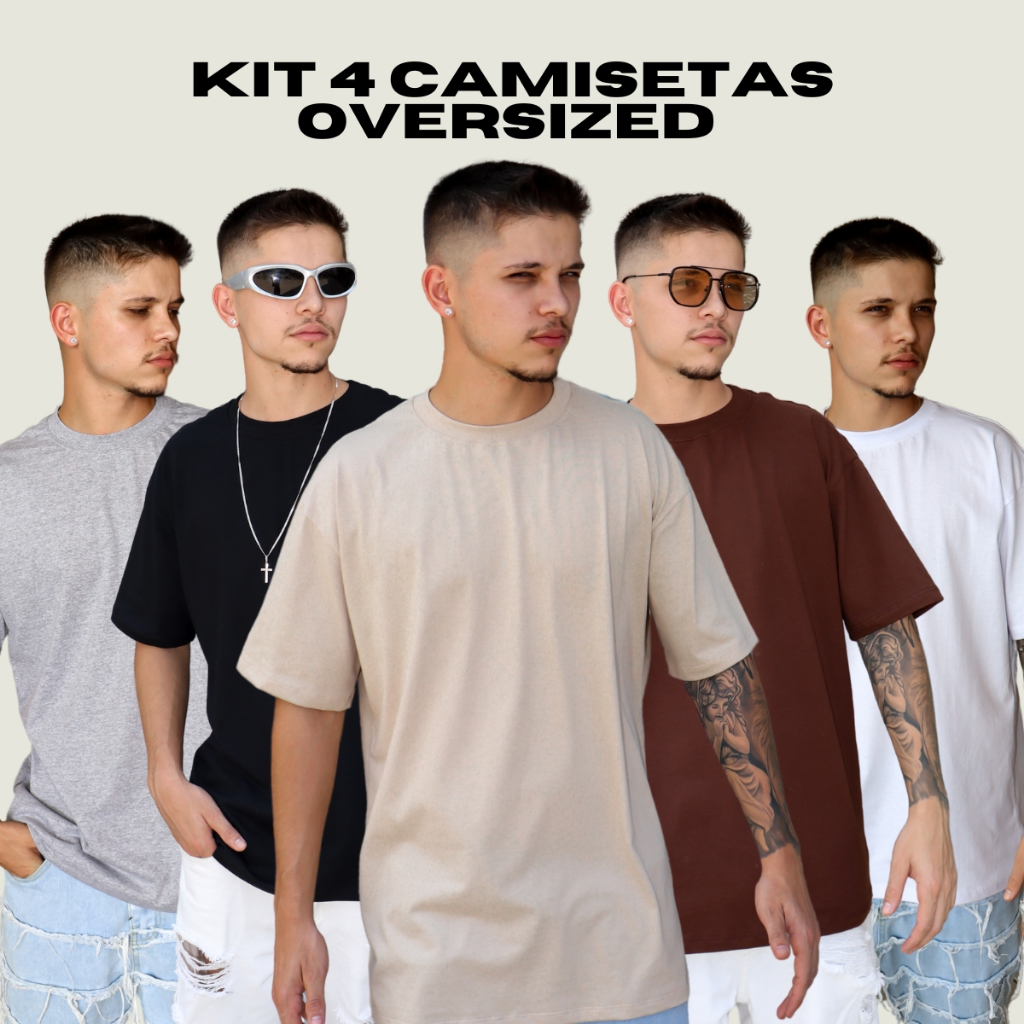 KIT C/ 4 Camisetas Masculina Oversized Basica Larga Estilo Rua Streetwear T-shirt Casual Penteado