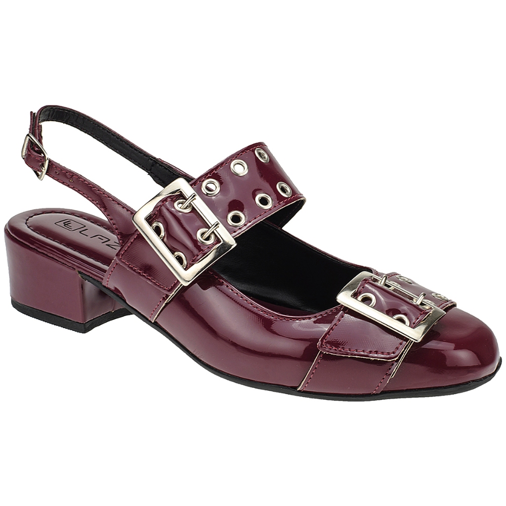 Sapato Feminino Slingback Bico Quadrado Fivela Salto Grosso