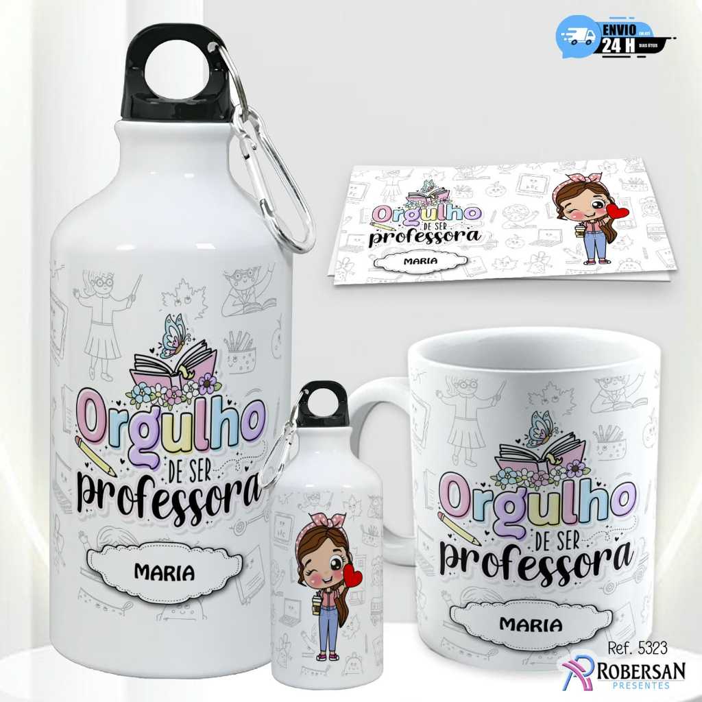 Kit Caneca Personalizada + Garrafa Dia dos Professores Professor Professora de Água Squeeze