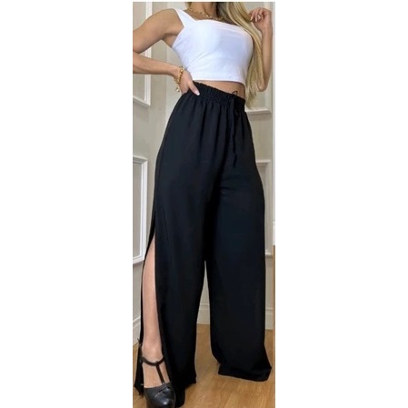 Calça Pantalona Fenda Lateral Cintura Alta com Cordão Forrada Feminina Moda Blogueira Tendência.