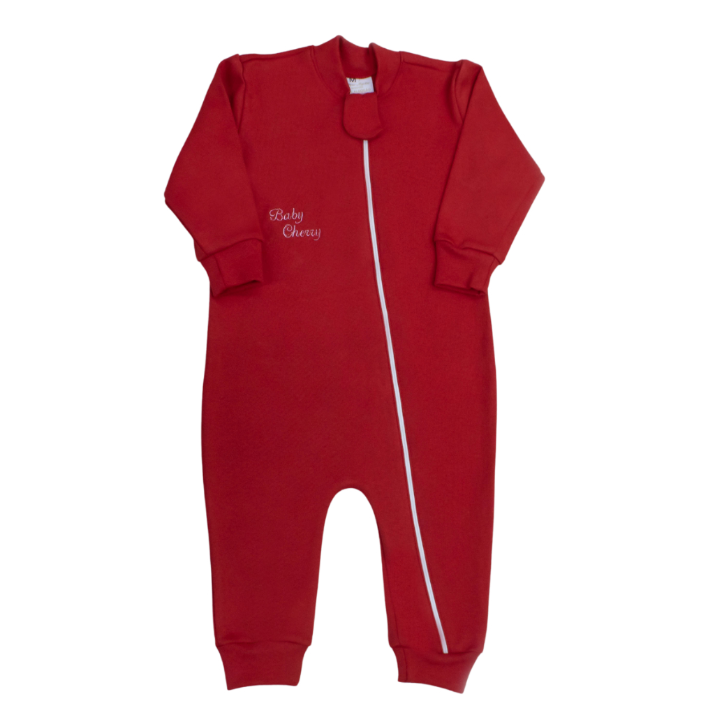 Macacão de Bebê Menina Vermelho Bordado com Zíper Protetor Suedine 100% Algodão Macacao Veste Fácil