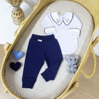 Conjunto Body e Calça Bebê Menino Elefante Marinho Suedine 100% Algodão Bory Masculino Gol...