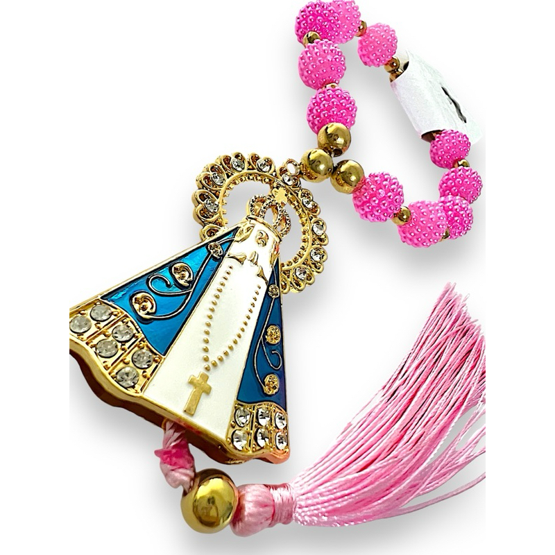 Adorno de Nossa Senhora Aparecida rosa, Penduricario de Nossa Senhora Aparecida, Terço de carro, Adorno feminino