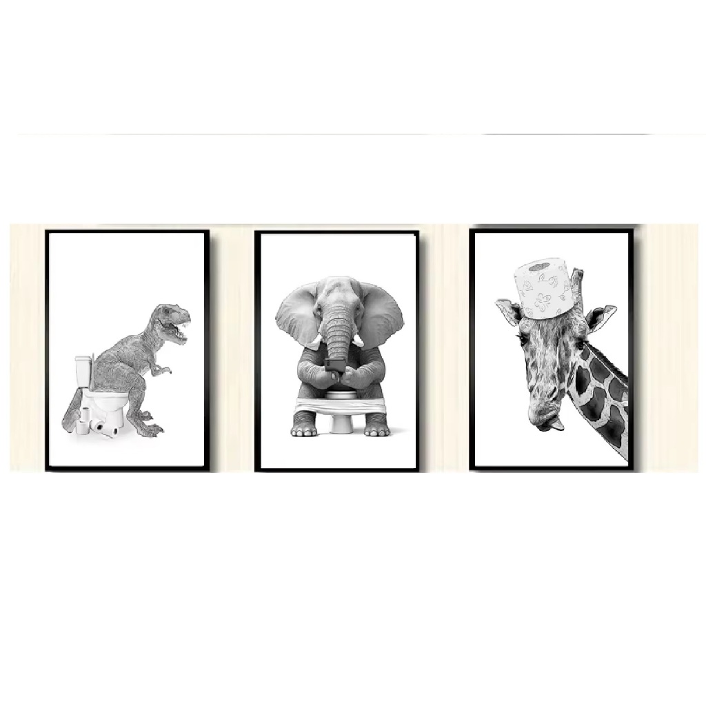 Quadros decorativos para banheiro, papel higiênico, gato, girafa, cachorro, elefante (3 peças)
