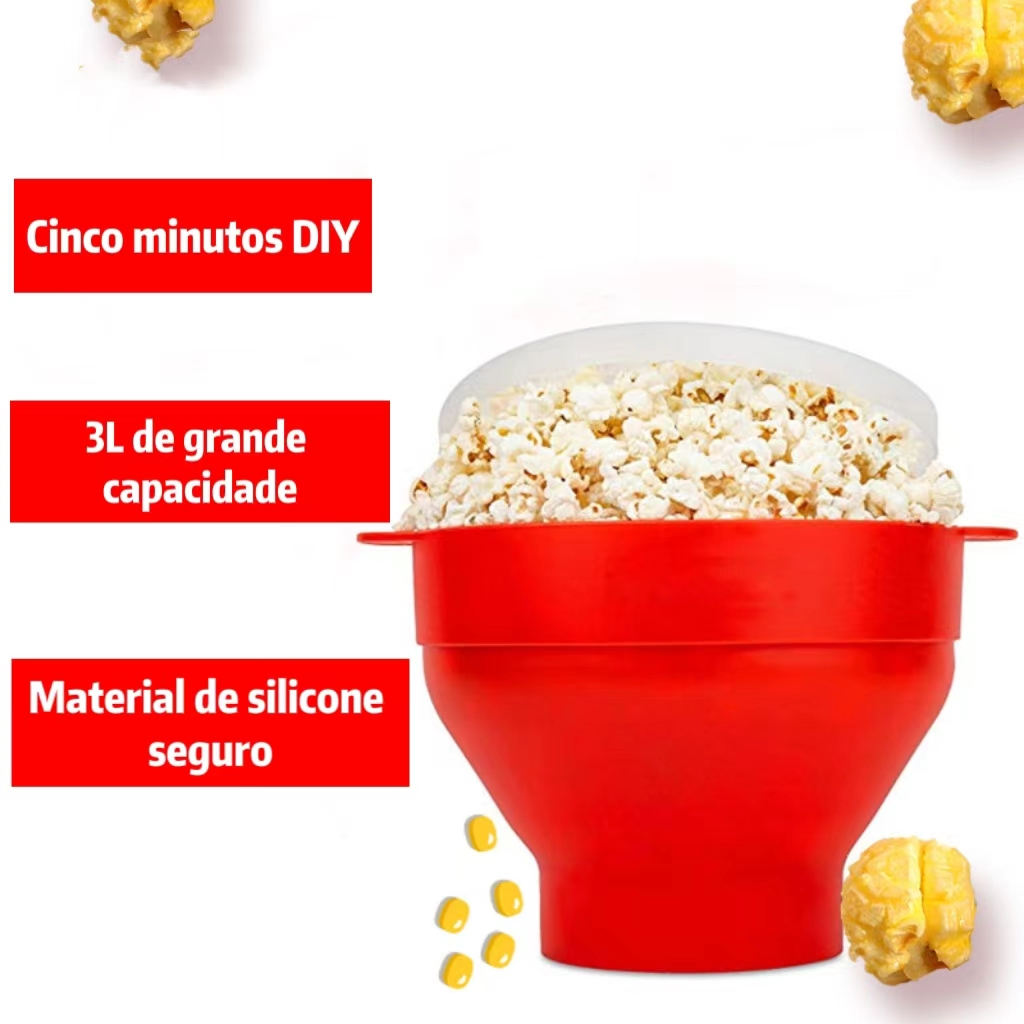 Pipoqueira Grande Para Micro-ondas Sem Óleo Balde Pipoca Silicone  Redonda Com Tampa Livre...