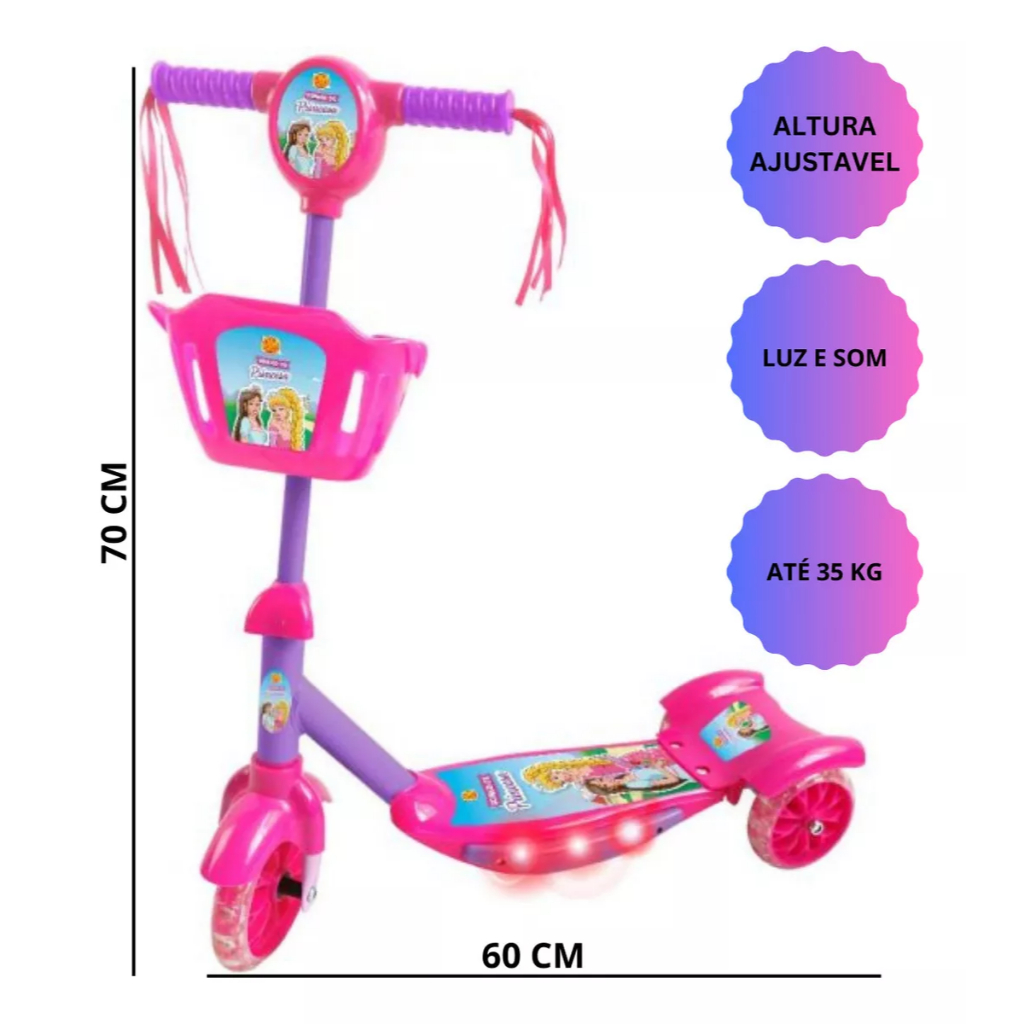 Patinete Cesta 3 Rodas Rosa/Violeta Sonho de Princesa LED e Som Dia das Crianças e Natal