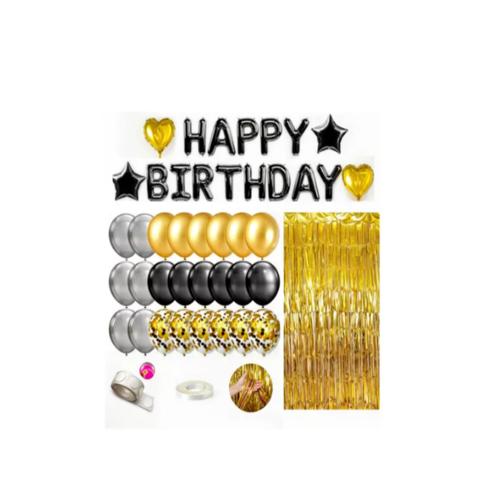 Kit Balão Bexiga Cortina Metalizado Happy Birthday Festa Decoração Aniversario 45pçs Preto e Dourado