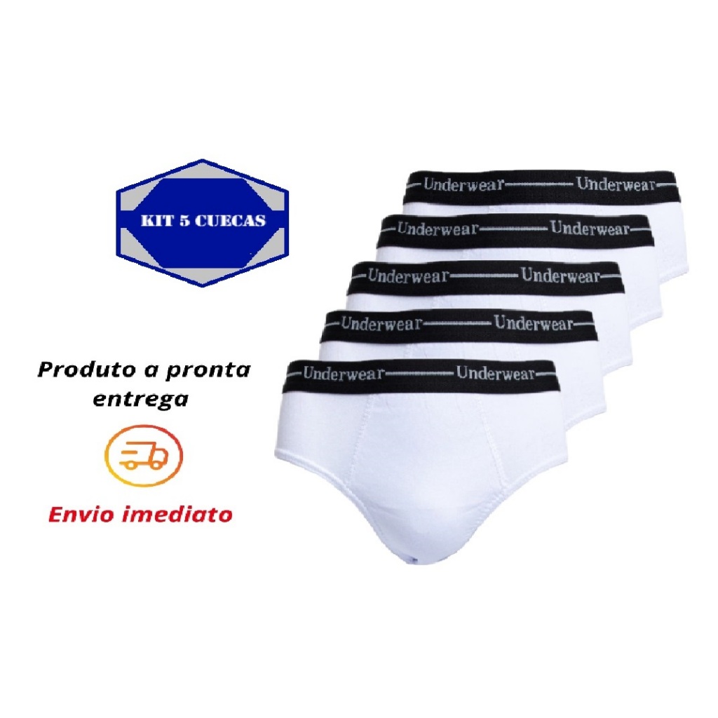 Kit 5 Cuecas Slip COR BRANCA com Elástico Aparente Masculino em Algodão-Forro na Frente em Oferta na Shopee