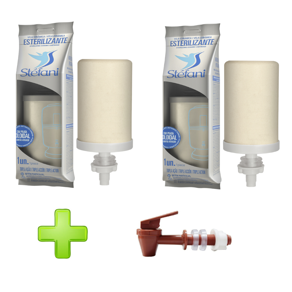 Kit 2 Velas Stéfani Original Tripla Ação + 1 Torneira Marrom Para Filtro De Barro Bebedouro Água
