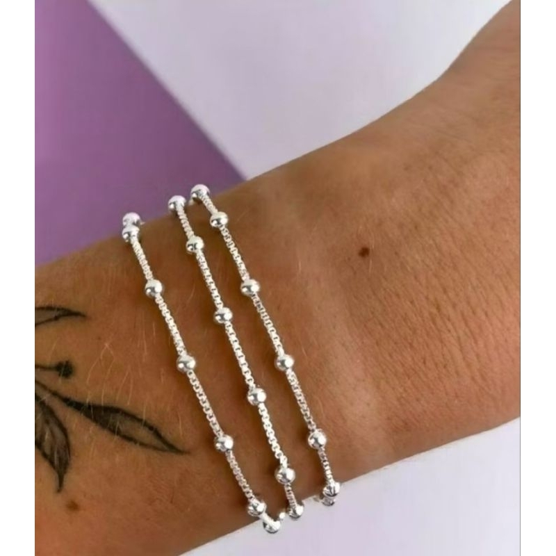 pulseira bolinha 3 fios prata 925 Folheado