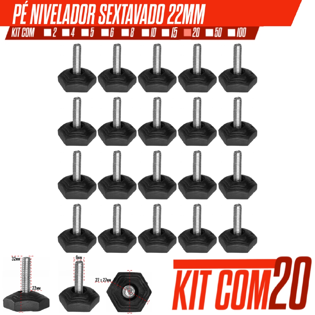 Kit Com 20 Pé Niveladores Sextavado 22m + Bucha 10mm reforçados para Moveis no Geral em Oferta na Shopee