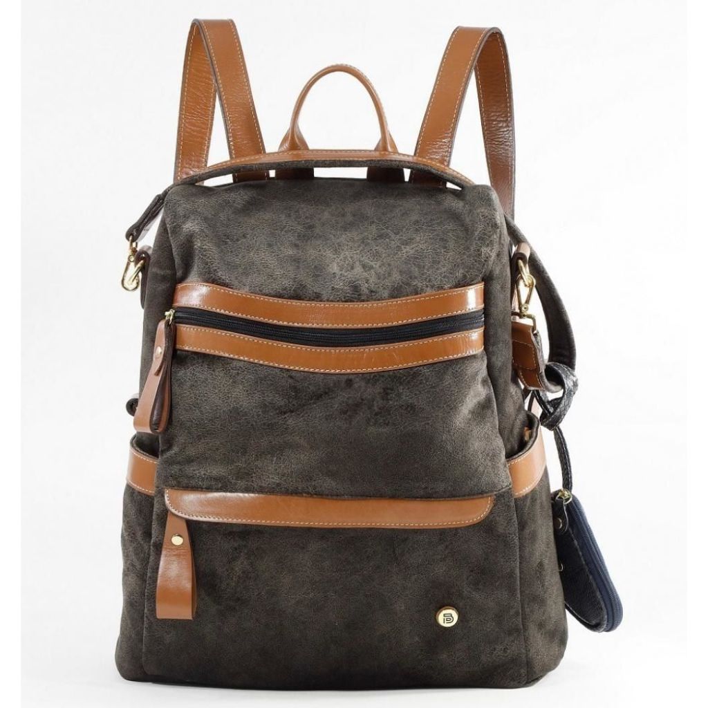 Mochila Bolsa Feminina Grande Escolar Veludo Com Detalhes em Couro Executiva Notebook Reforçada