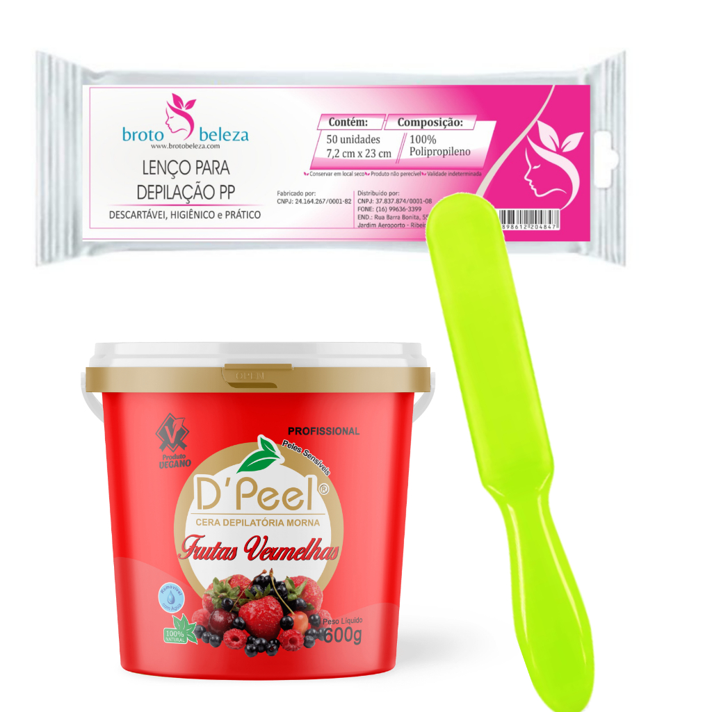 Cera Depilatória Dpeel Frutas Vermelhas Balde 600 gramas + TNT Furadinho Broto Beleza 50 Folhas