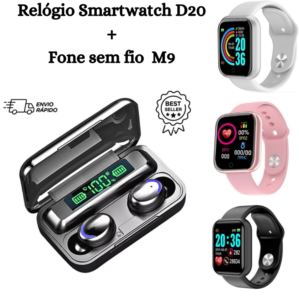 Relógio Inteligente  Smartwatch D20 Unissex + Fone de Ouvido sem Fio Bluetooth F9 M9