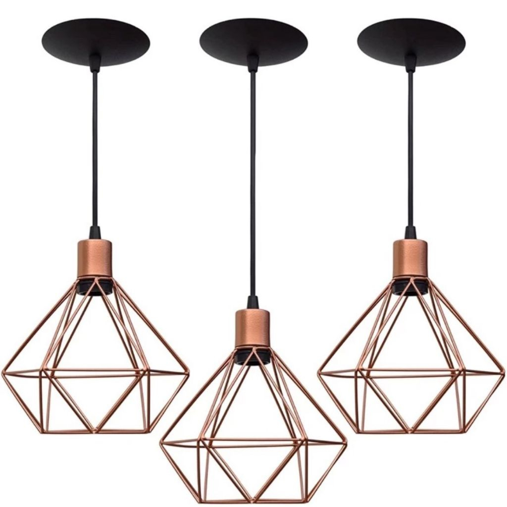 kit 3 Luminárias de Teto Pendente Diamante Aramado Cobre Vintage Retro Industrial Lustre