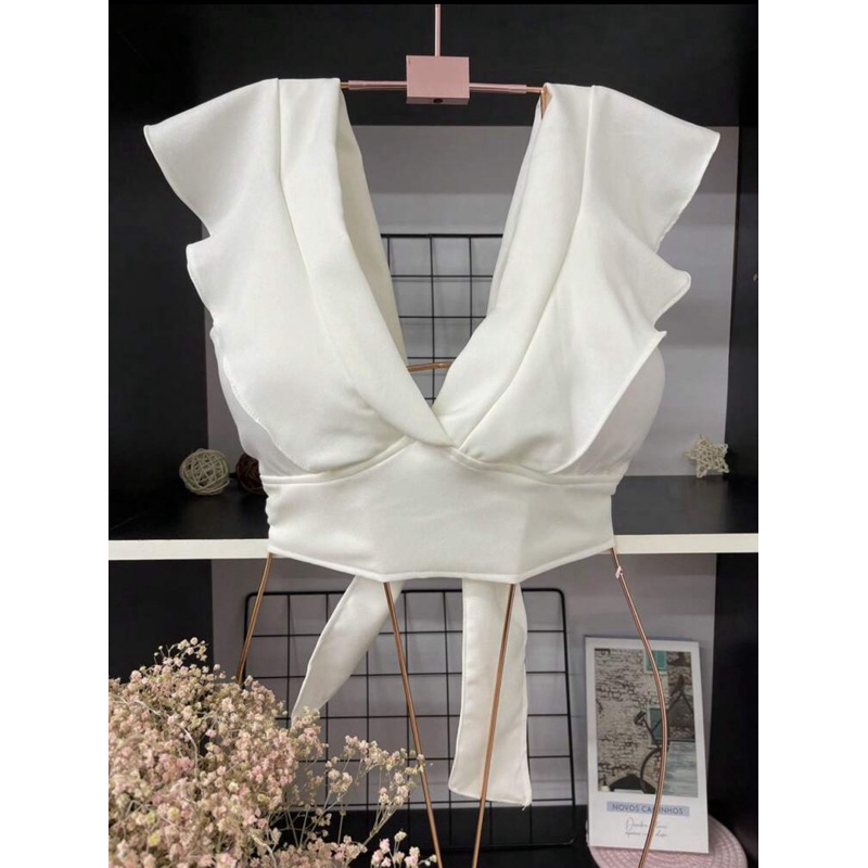 cropped alfaiataria decote V com bojo em Oferta na Shopee