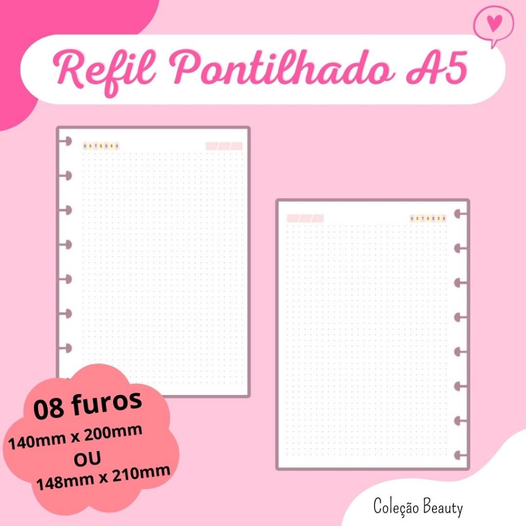 Refil A5 Pontilhado Caderno de Disco Reposicionável 8 furos