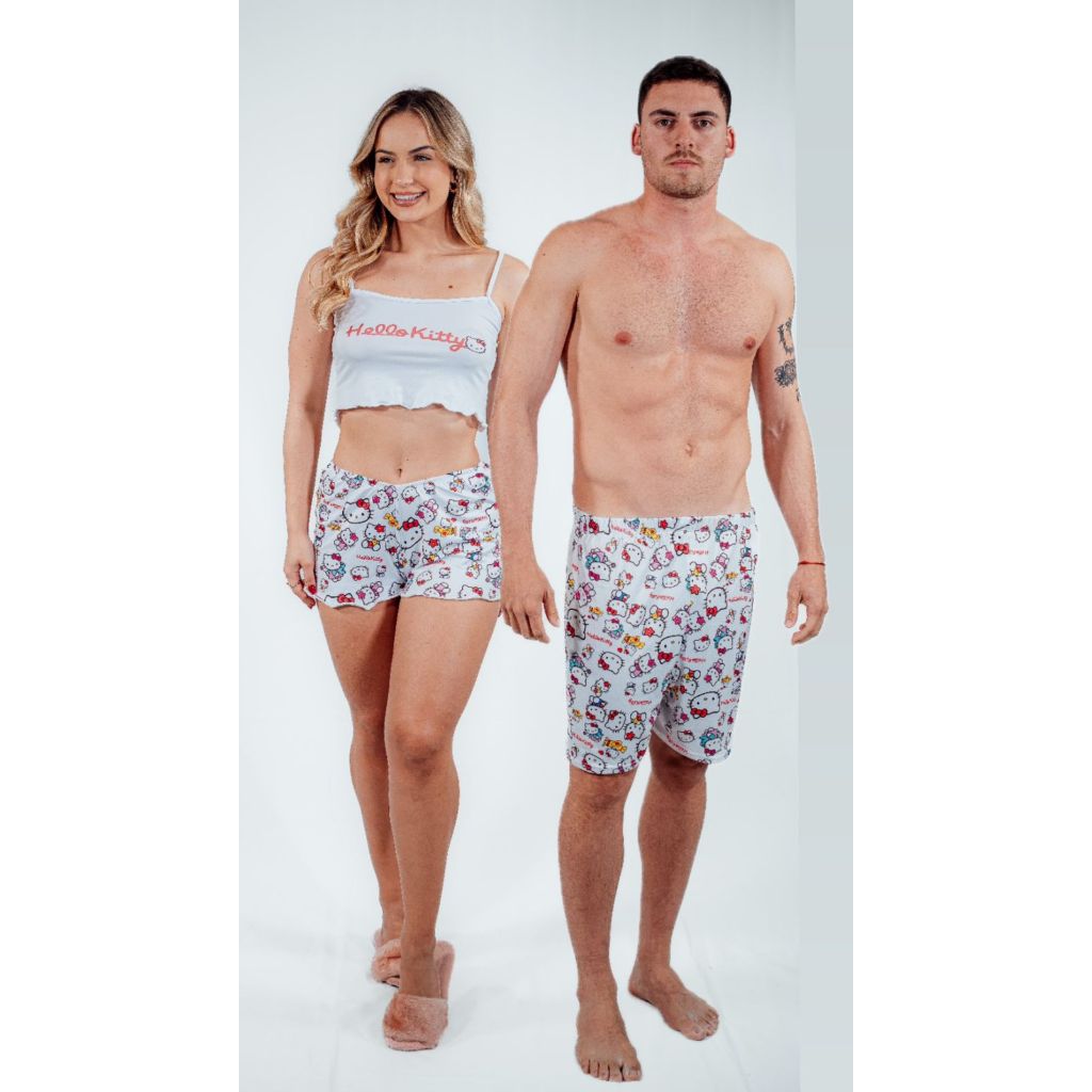 PIJAMA CASAL HELLO KITTY SUEDE ONDINHA SAMBA CANÇÃO E PIJAMA ALCINHA VIRGINIA