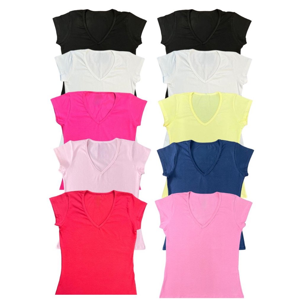 Kit 10 blusas feminina algodão com lycra decote v cores vivas, p ao gg, plus size g1,g2,g3 em Oferta na Shopee