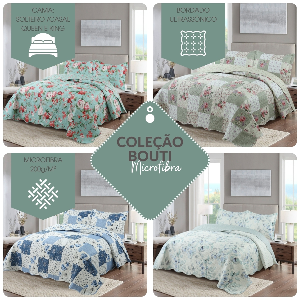 Kit Colcha Cobre Leito Casal Padrão Bouti Provence Microfibra  Estampado Dupla Face