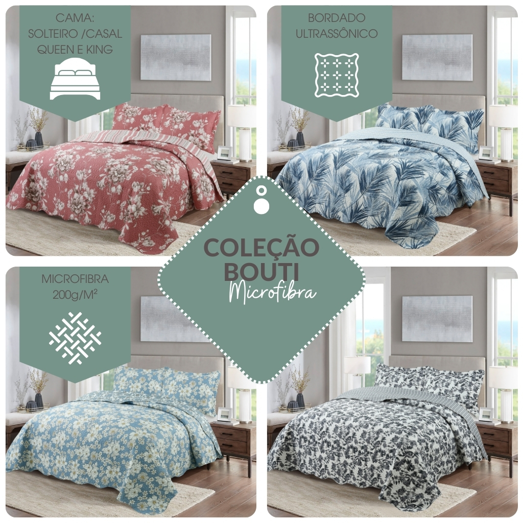 Kit Colcha Cobre Leito Bouti Provence Premium Dupla Face Bordado Ultrassônico