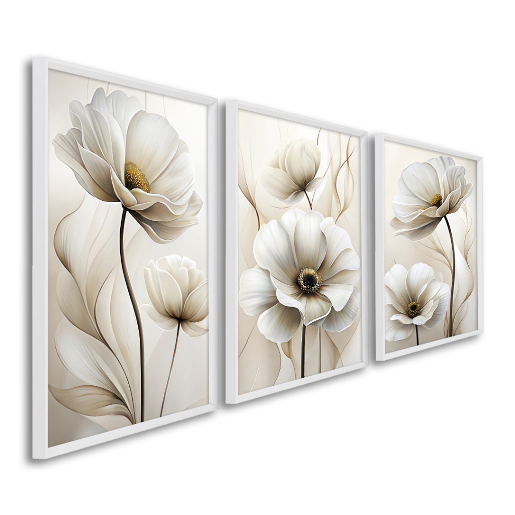 Quadro Decorativo Primavera Eterna 3 Telas Moldura 50x75 Branca - Home & Living