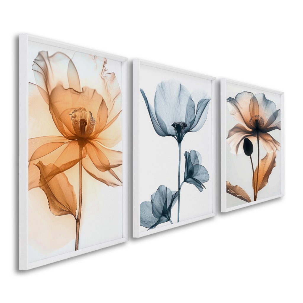 Quadro Decorativo Florescer Suave 3 Telas Moldura Branca 50x75 Com Vidro em Oferta na Shopee