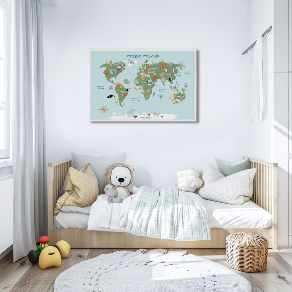 Quadro Mapa Mundi Ilustrado Infantil Moldura Com ou Sem Vidro 50x75 Ou 60x90 em Oferta na Shopee