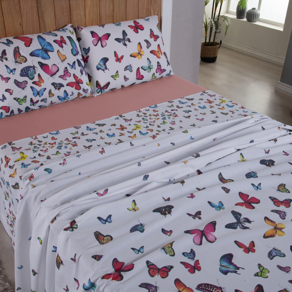Jogo de Lençol 4 Peças 200 fios Tamanhos Casal, Queen E King Estampa Borboletas Casal /Queen / King