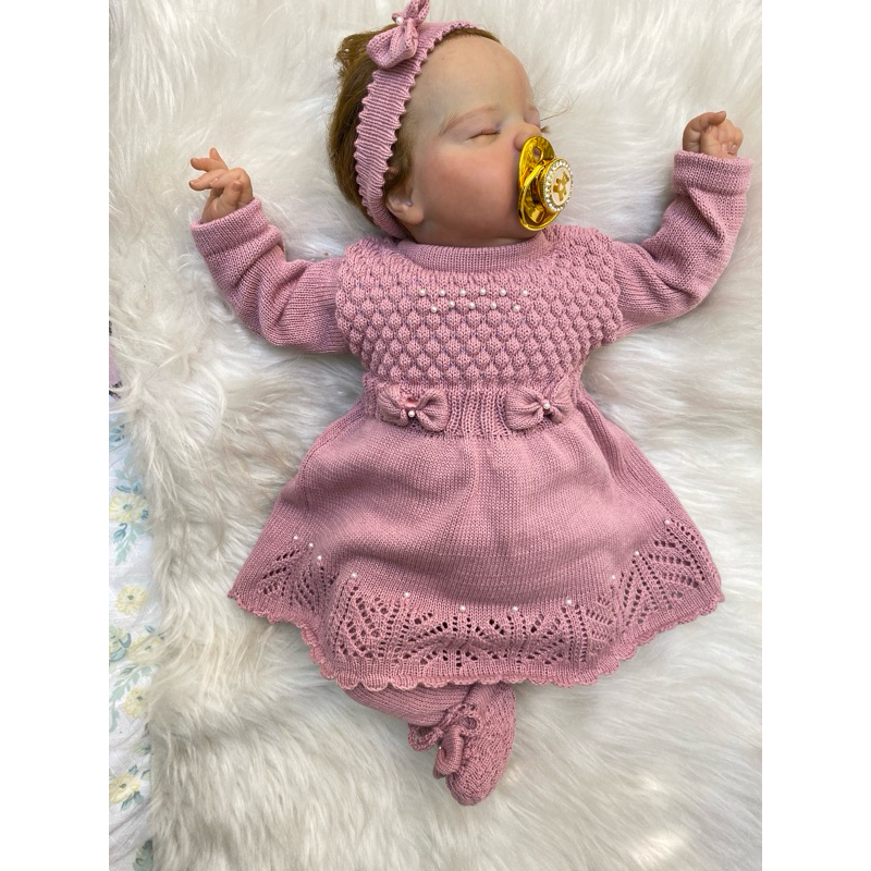 Saída Maternidade Bebê em Tricô 4 Peças RN – Vestido, Meia-calça, Tiara e Sapatinho em Oferta na Shopee